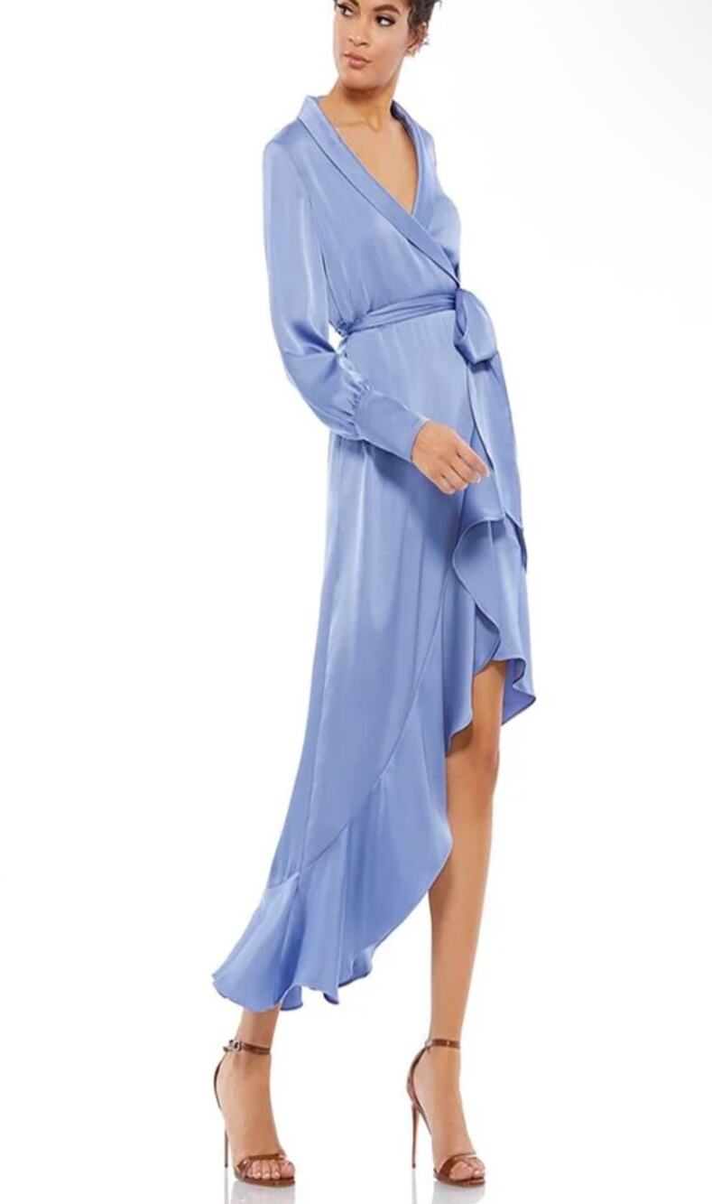 MAC DUGGAL 12506 cocktail wrap periwinkle blue dress long sleeve sz 0